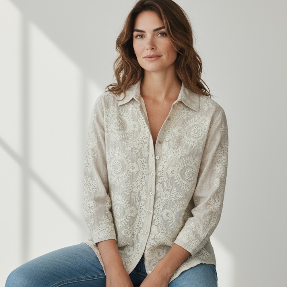 SOFT SURROUNDINGS - EMBROIDERED KAMAL LINE TUNIC / TOP / BLOUSE - SIZE P MED. B4